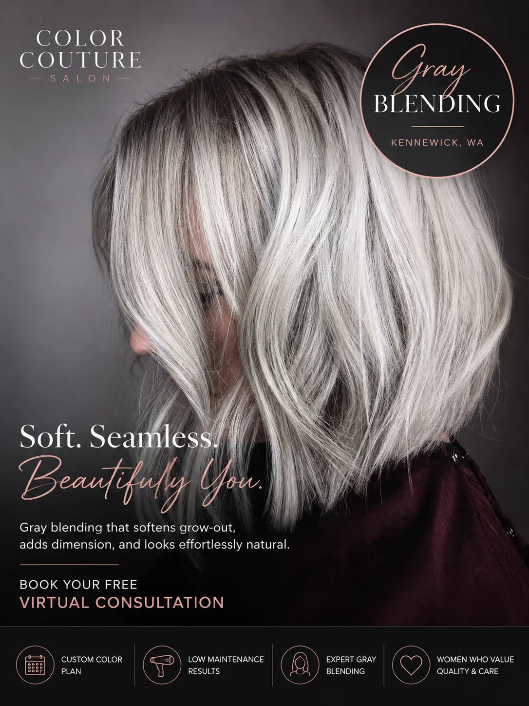 Dimensional silver gray blending result at Color Couture Salon in Kennewick WA